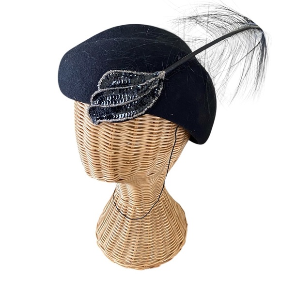Adolfo II Vintage Excello 100% Wool Black Sequin Hat With Feather main image 4